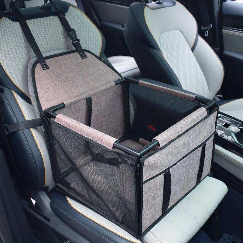 Caja de viaje para perro en asiento de auto, con malla transpirable y cinturones de seguridad