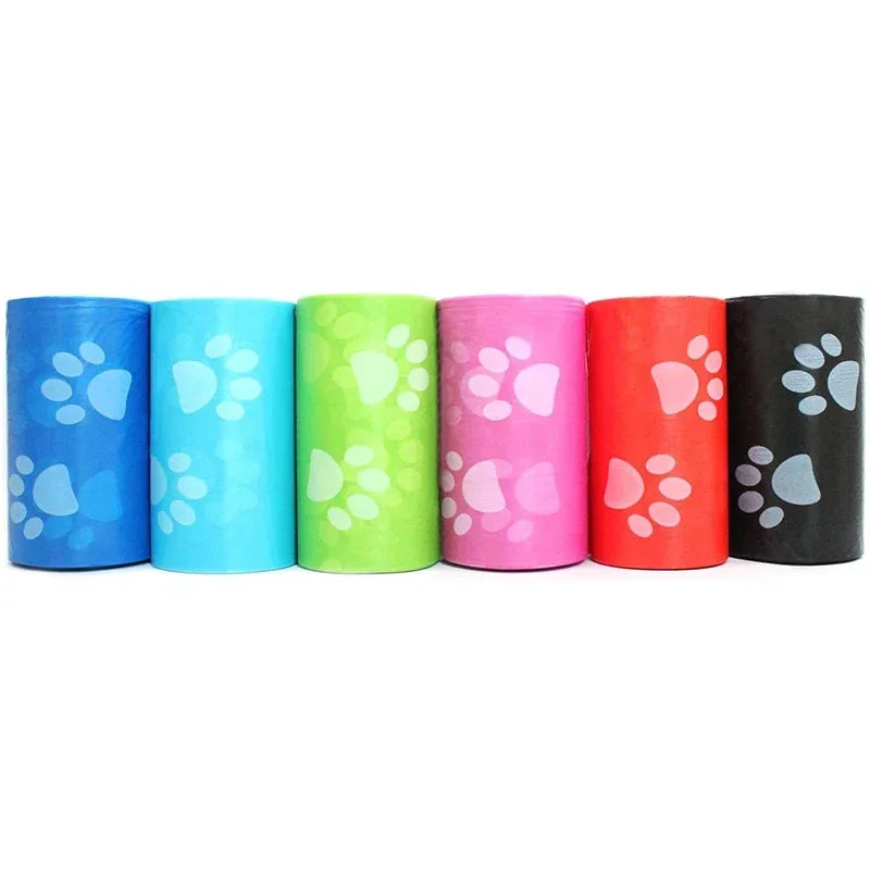 Bolsas para caca de perro en colores vibrantes con huellas, accesorios esenciales para paseos caninos