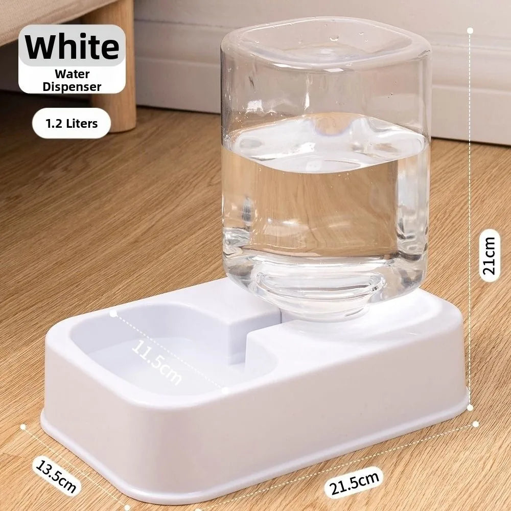 Dispensador de agua para perros blanco, 1.2 litros, con base de plástico y botella de vidrio transparente