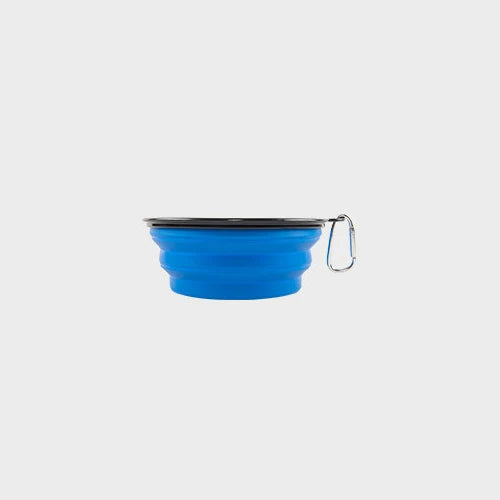Cuenco plegable azul para perro con mosquetón, ideal para viajes y paseos