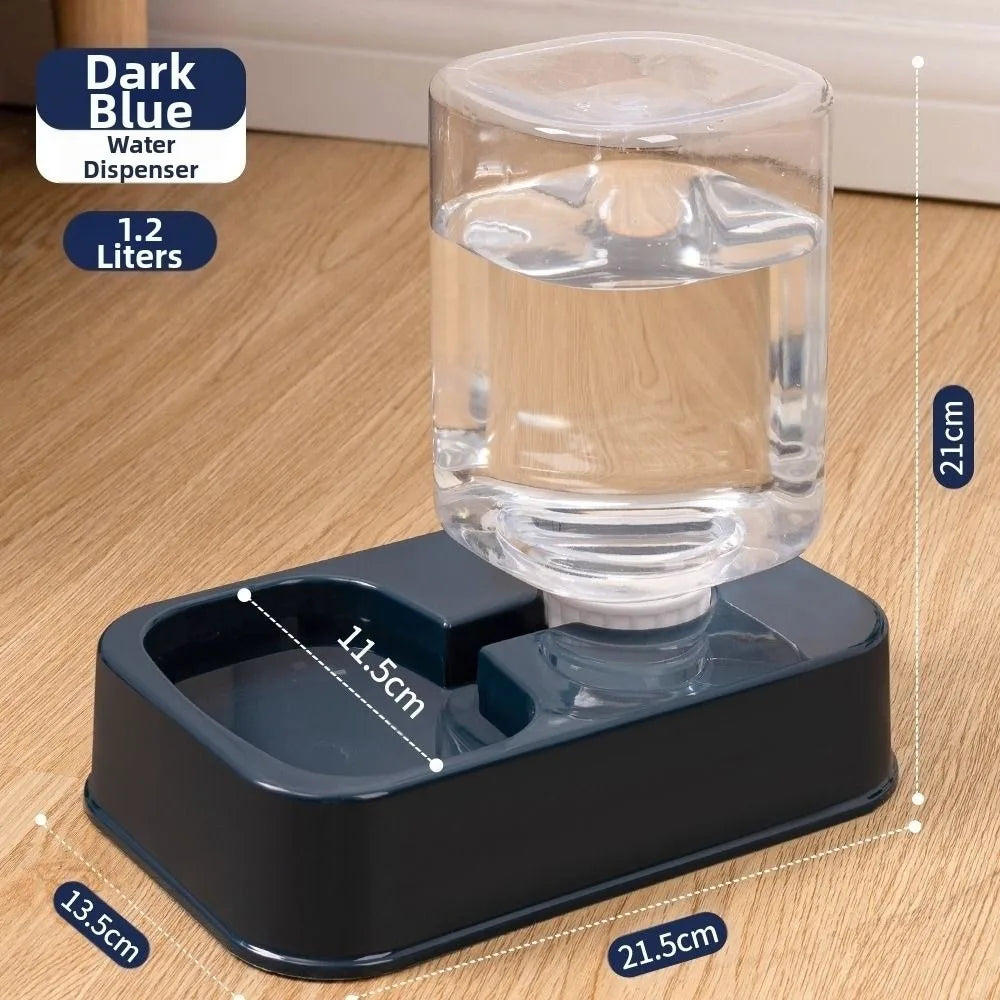 Dispensador de agua para perros 1.2L, color azul oscuro, con medidas detalladas, ideal para mascotas
