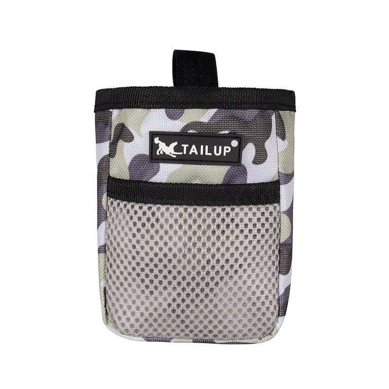 Bolsa de entrenamiento para perros con estampado camuflaje y malla, ideal para snacks y accesorios caninos