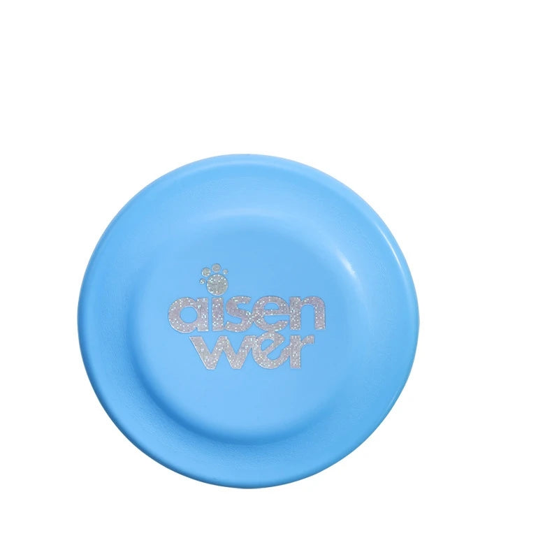 Disco volador azul para perros con logo brillante, accesorio divertido para juegos al aire libre