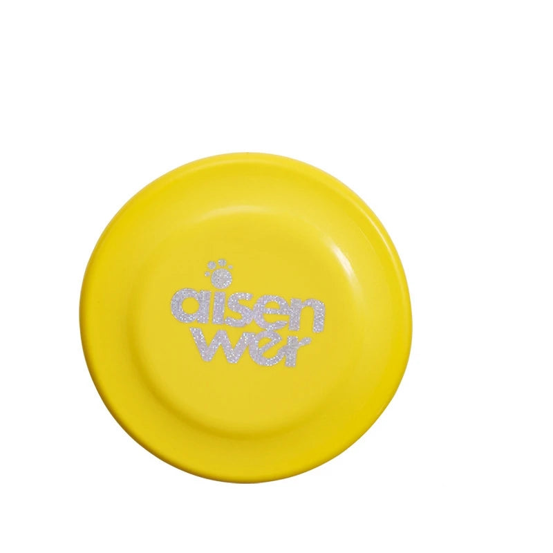 Disco amarillo para perros con logo brillante, accesorio divertido para juegos al aire libre
