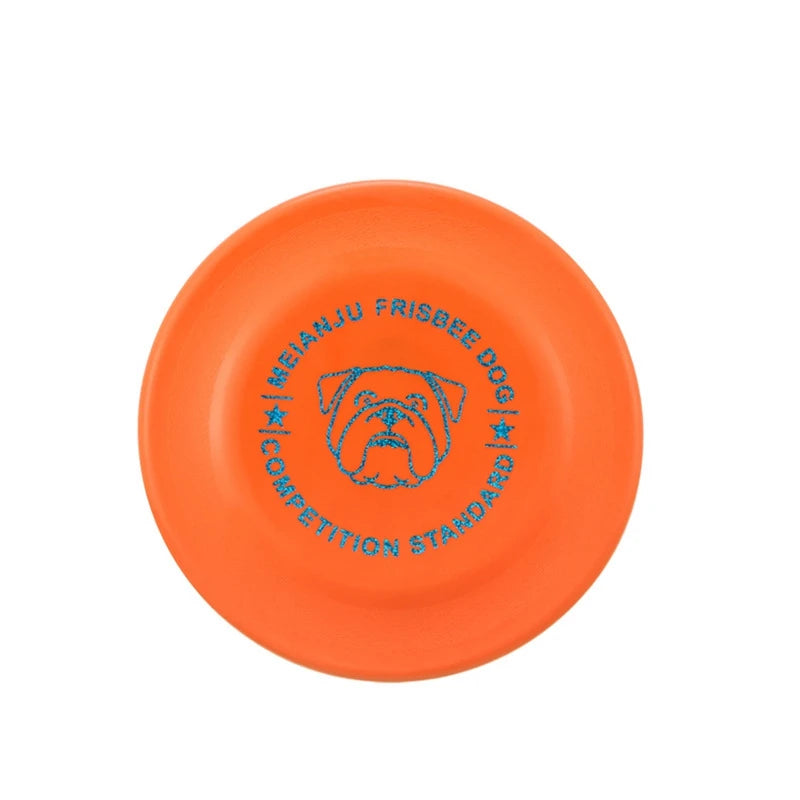 Disco volador naranja para perros con diseño de bulldog y texto 'Meianju Frisbee Dog Competition Standard'
