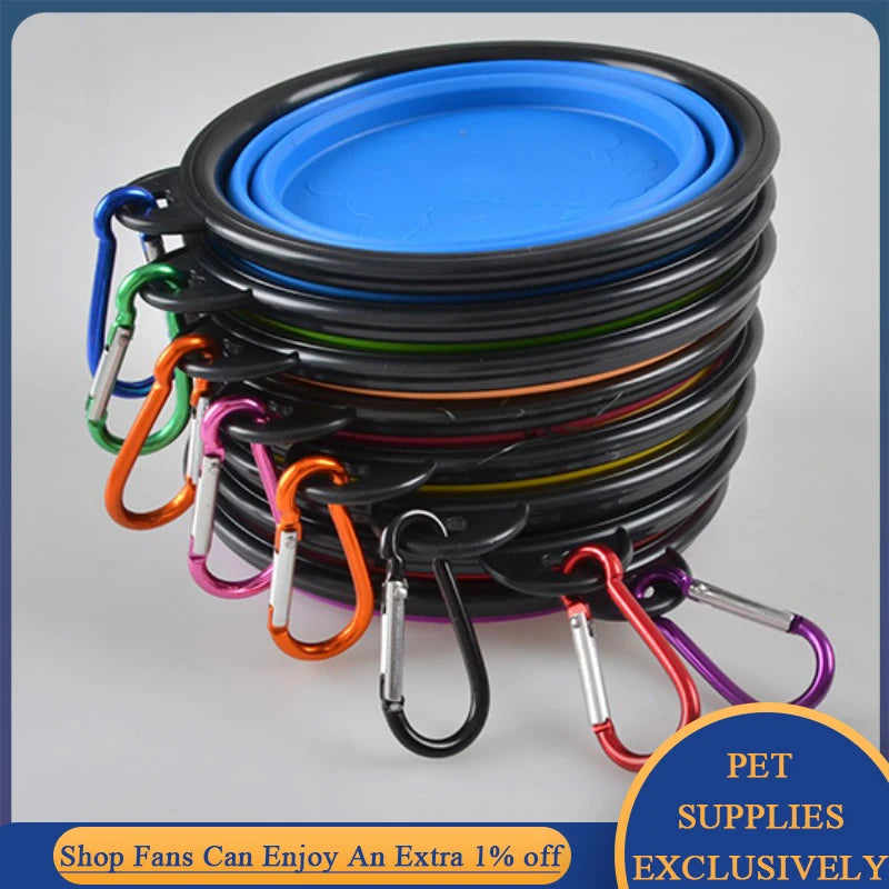 Platos plegables para perros con mosquetones de colores, accesorios portátiles para mascotas