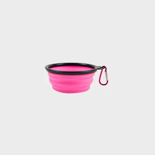 Cuenco plegable rosa para perros con mosquetón, ideal para paseos y viajes