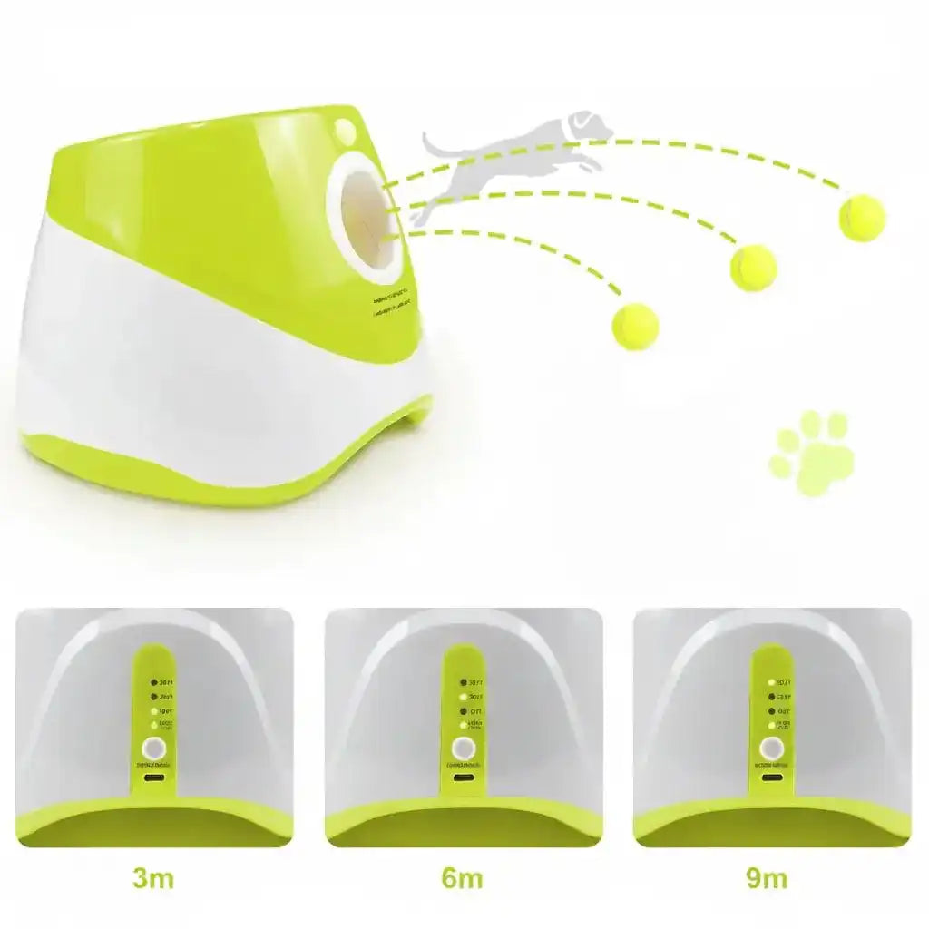 Lanzador automático de pelotas para perros con 3 niveles de distancia: 3m, 6m y 9m. Juguete interactivo verde y blanco.
