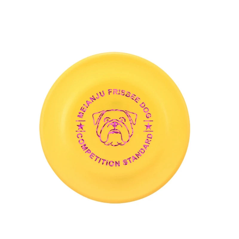 Disco volador amarillo para perros con diseño de bulldog, ideal para juegos al aire libre y competiciones.