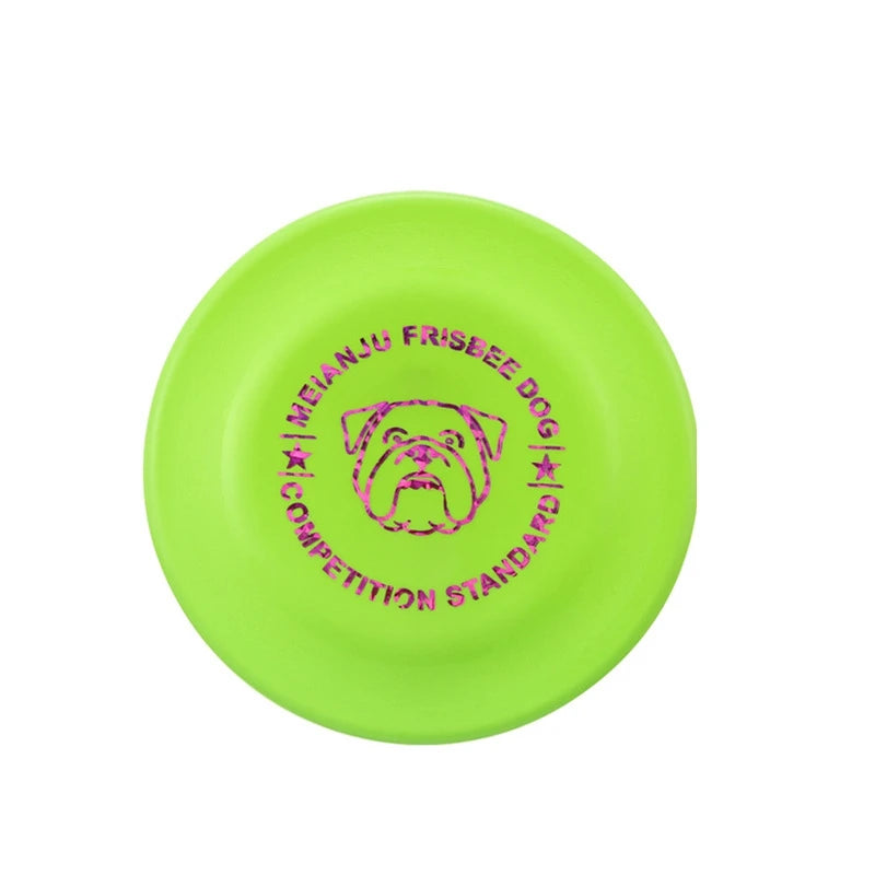 Disco volador verde para perros con diseño de bulldog y texto 'MEIANJU FRISBEE DOG COMPETITION STANDARD'