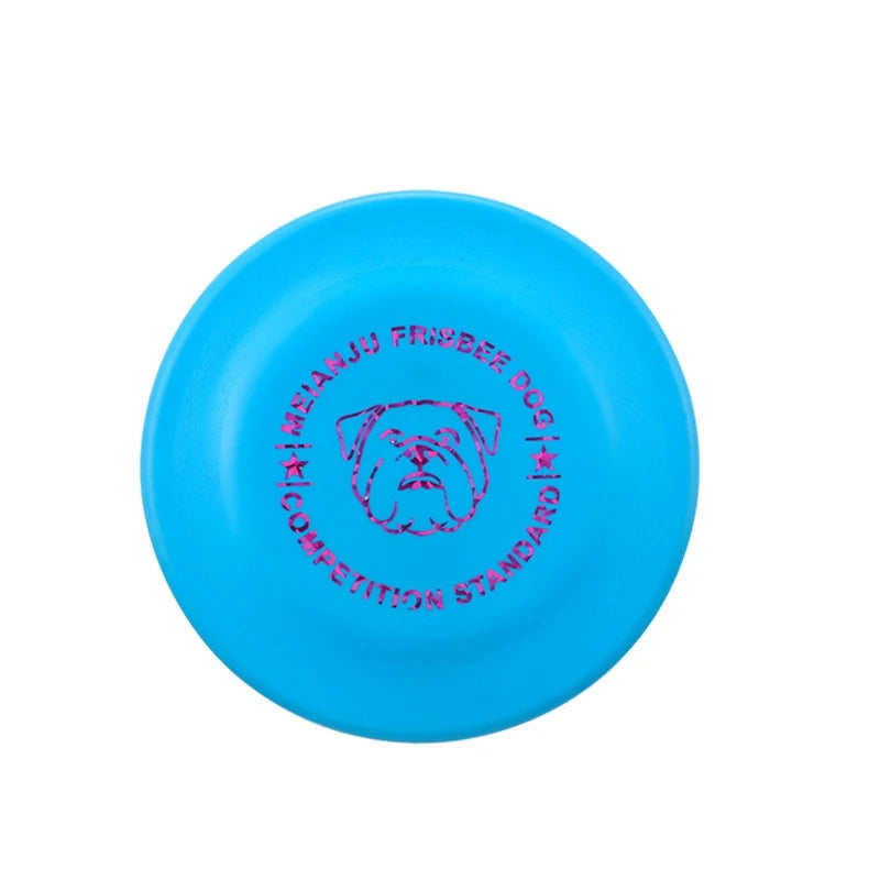 Disco volador azul para perros con diseño de bulldog y texto rosa, ideal para juegos al aire libre.