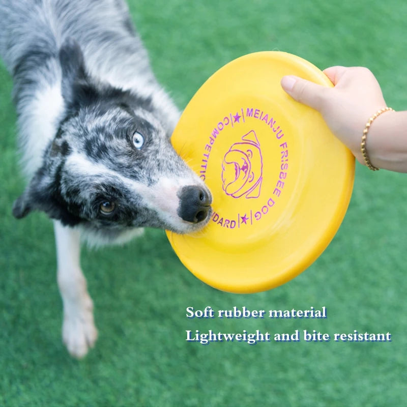 Perro jugando con frisbee amarillo de goma suave, resistente a mordidas, ideal para juegos al aire libre