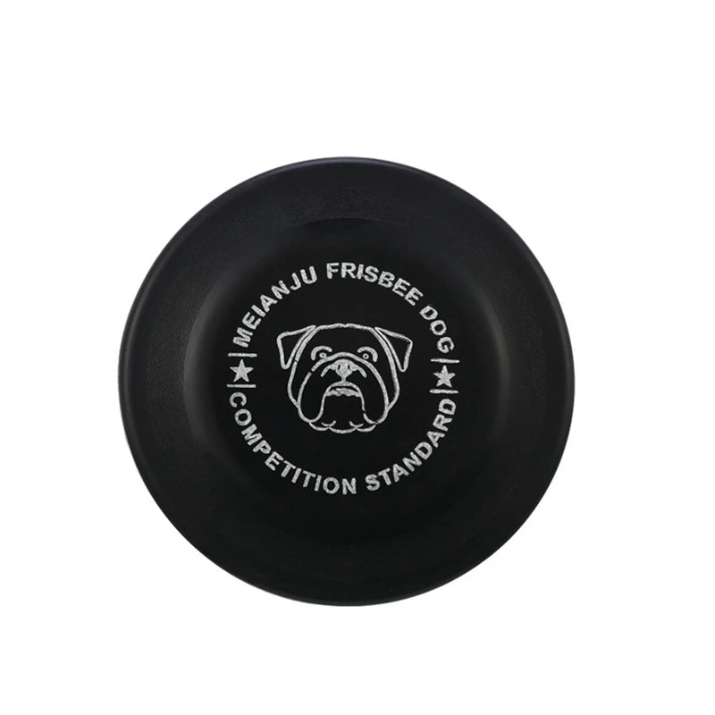 Disco volador negro para perros con diseño de bulldog y texto 'MEIANJU FRISBEE DOG'