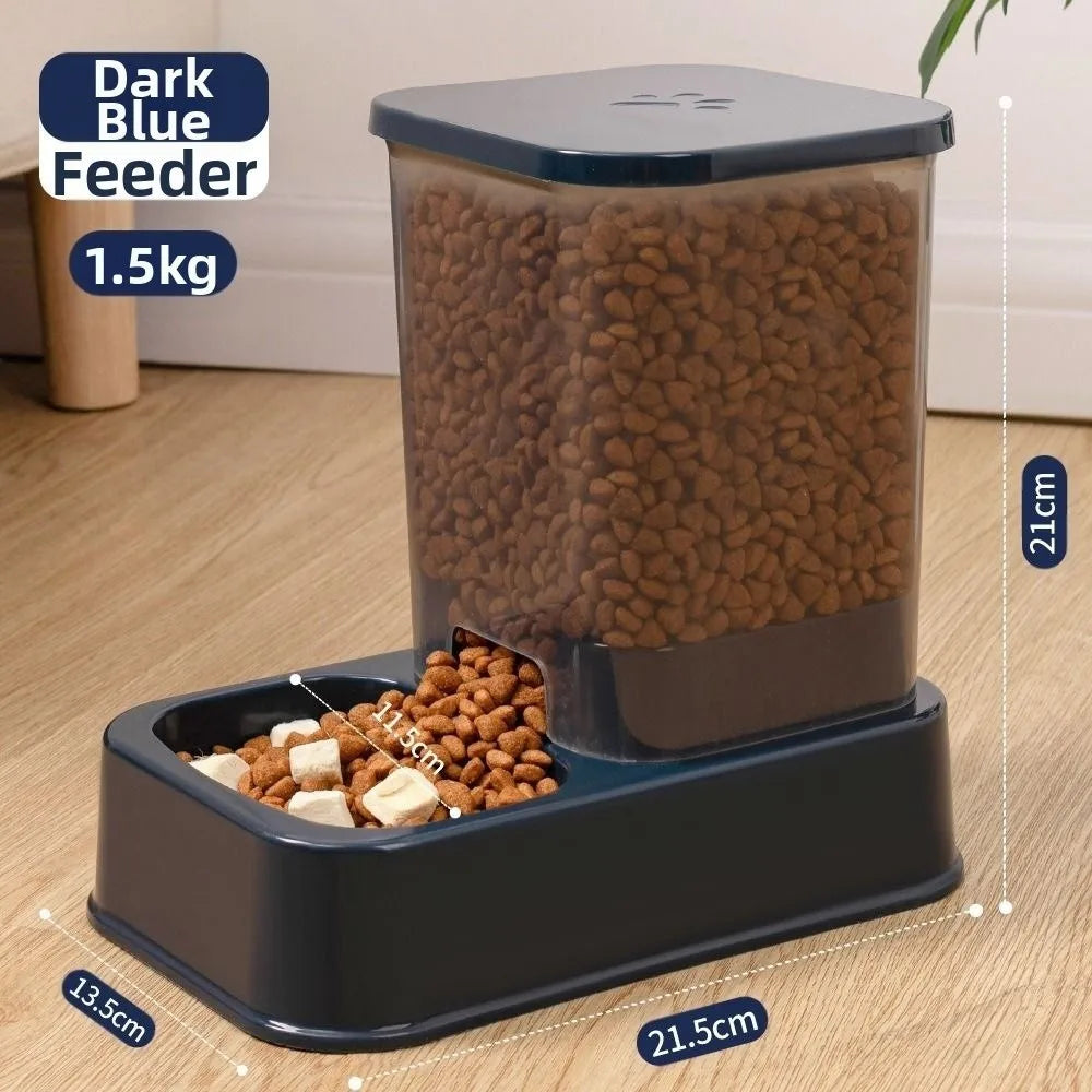 Comedero automático para perros color azul oscuro, 1.5kg, con dimensiones detalladas