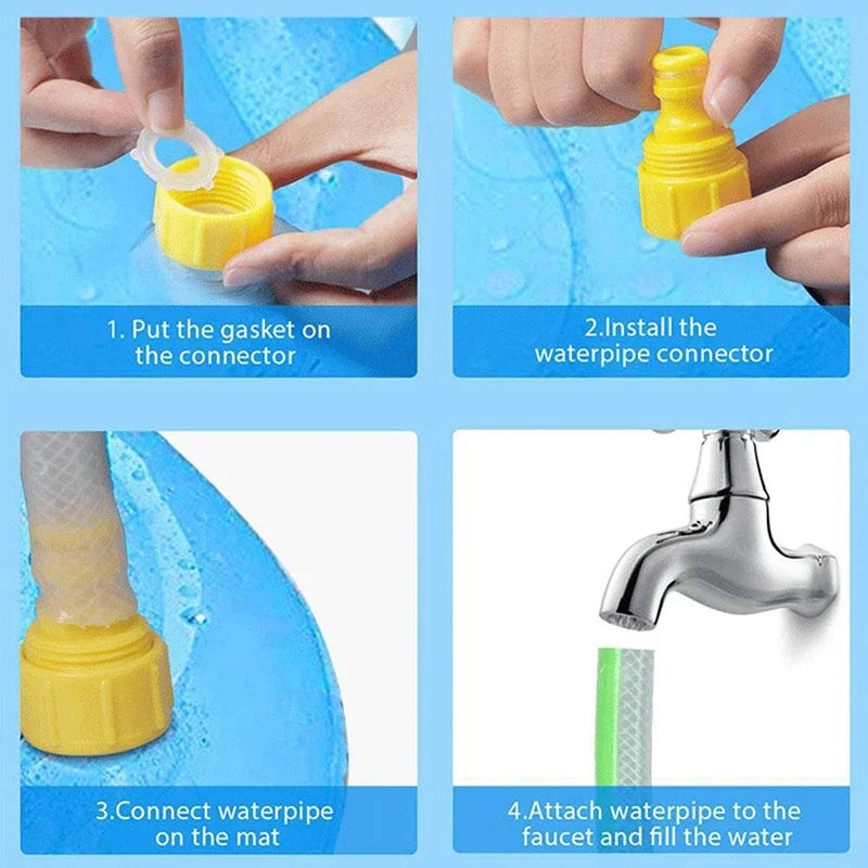Conector amarillo para manguera de perro, instalación paso a paso con junta y grifo