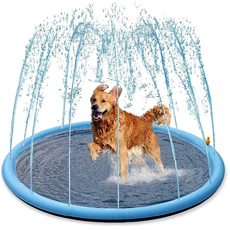 Perro jugando en piscina con aspersores para refrescarse en verano, accesorio divertido para mascotas