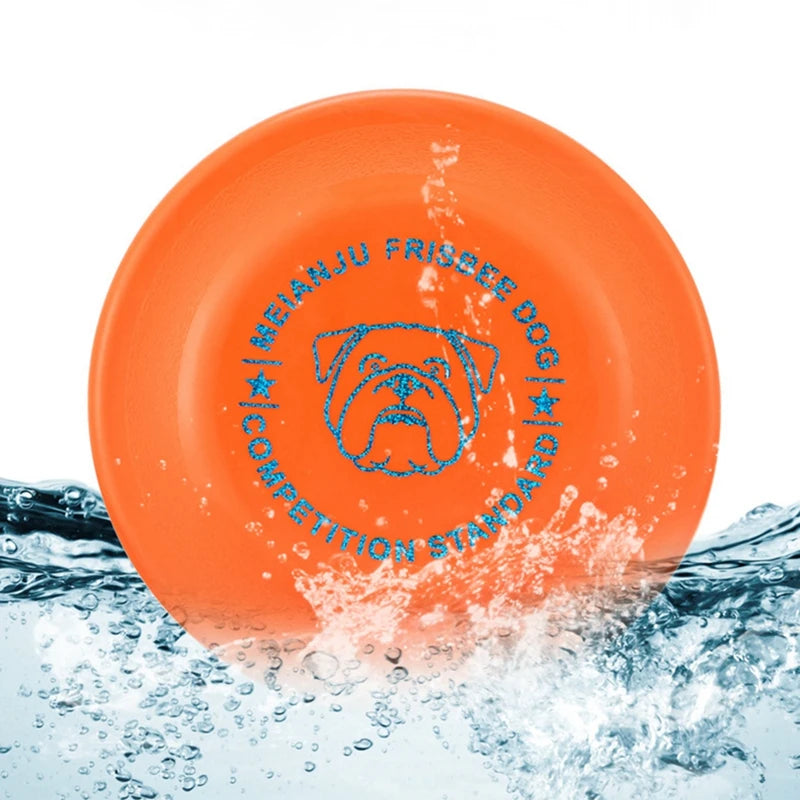 Disco volador naranja para perros con diseño de bulldog, ideal para juegos acuáticos y entrenamiento.