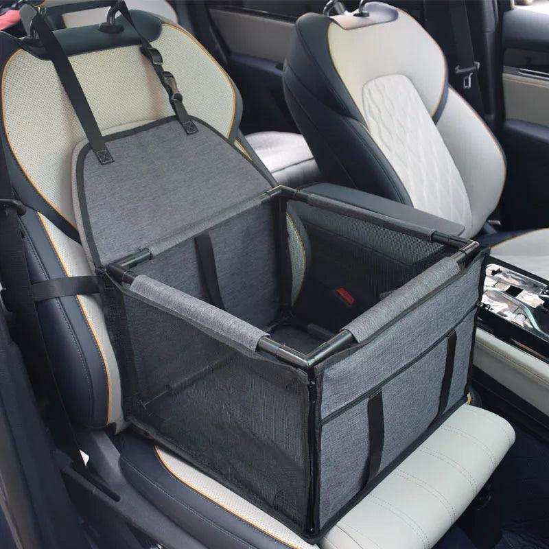 Caja de viaje para perro en asiento de auto, con malla transpirable y cinturones de seguridad