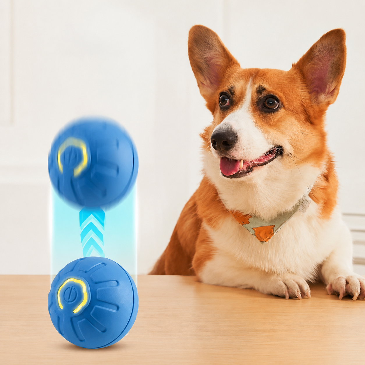 Juguete interactivo azul con luz para perro feliz, ideal para entretener y estimular a tu mascota en casa.