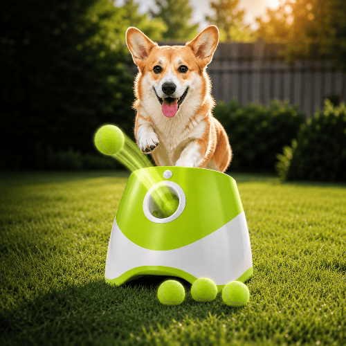 Perro jugando con lanzador de pelotas verde en el jardín, accesorios para perros felices